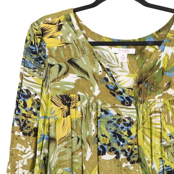 Go Softly Patio Dress M Womens Green Floral Metallic Thread Snaps Lounge Wear - Picture 2 of 6